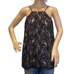 Loft Sleeveless Tank Top Camisole Beige with Black Lace Overlay Size Medium EUC